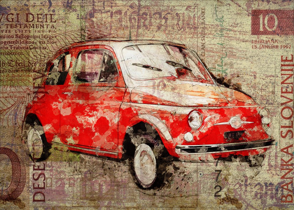 Fiat 500 vintage rossa da Lembayung senja studio [Vintage Poster]