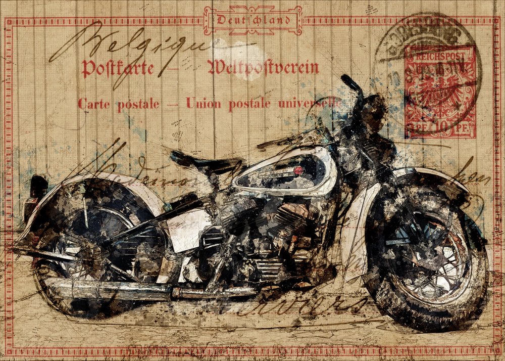 Cartolina vintage con una motocicletta da Lembayung senja studio [Vintage Poster]