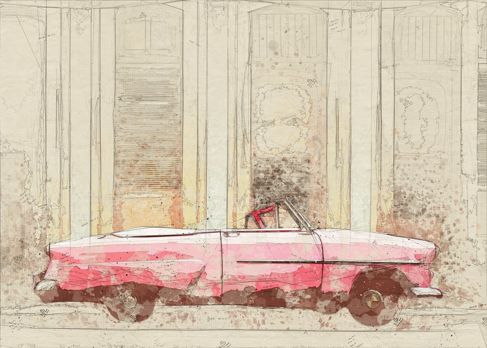 Schizzo di una decappottabile rosa vintage da Lembayung senja studio [Vintage Poster]