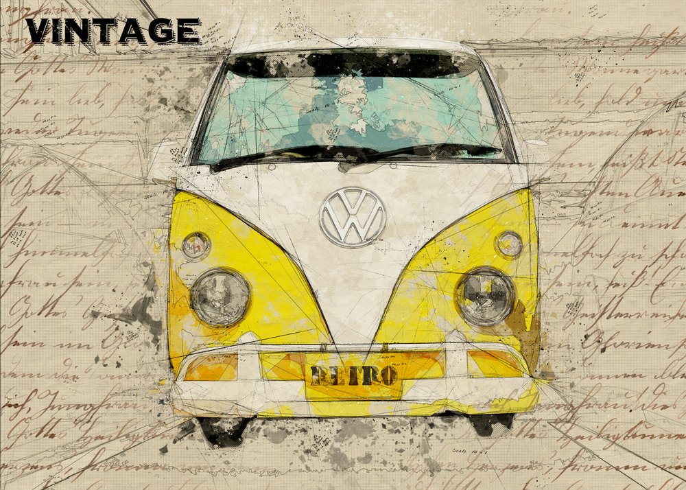 Schizzo di un furgoncino giallo vintage da Lembayung senja studio [Vintage Poster]