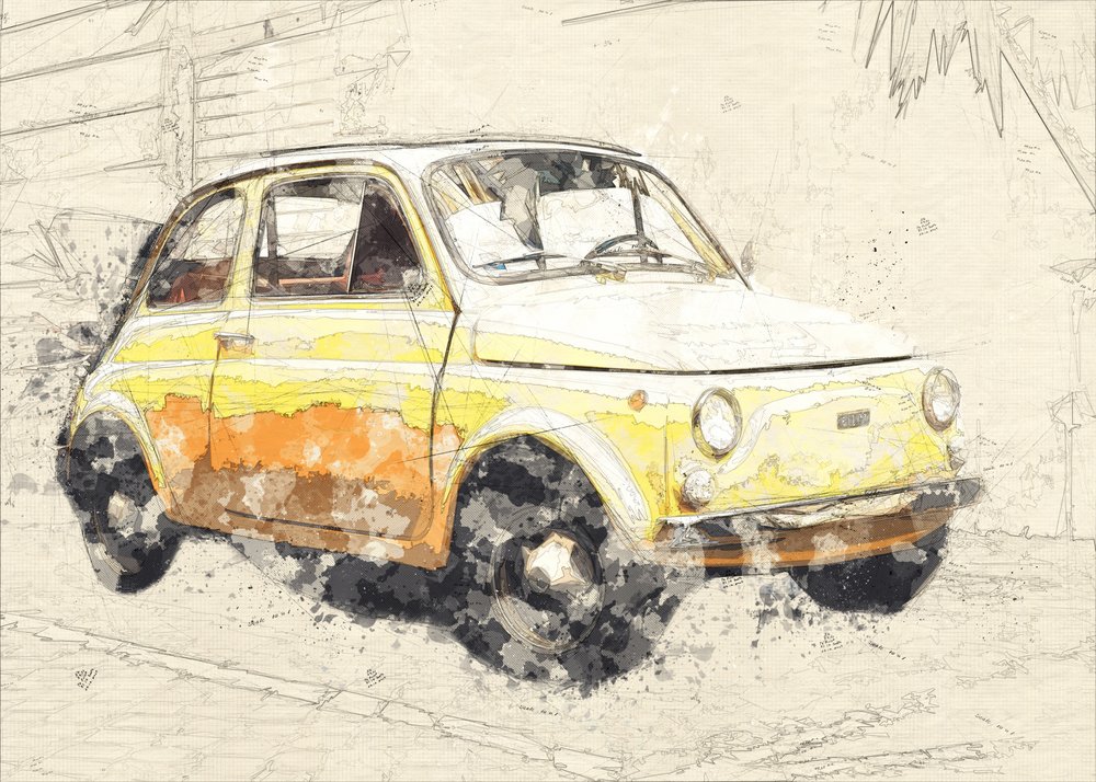 vecchia auto gialla da Lembayung senja studio [Vintage Poster]