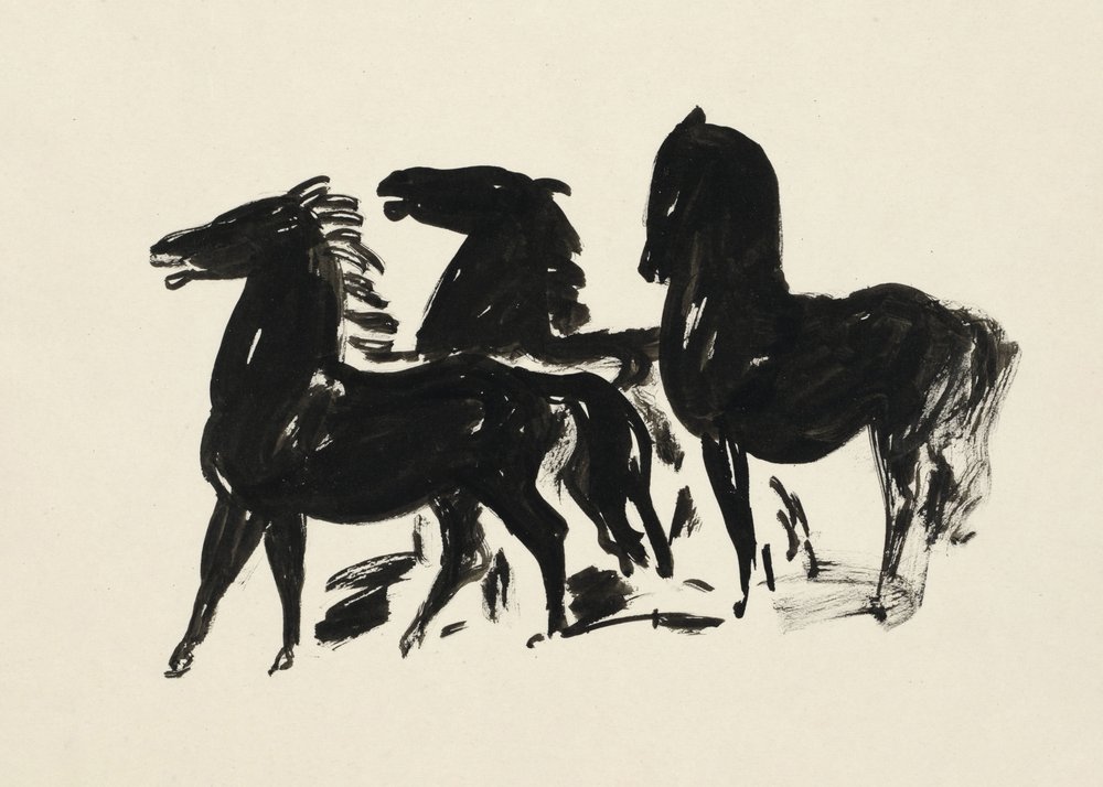 Tre cavalli neri in piedi che guardano a sinistra (1935–1936) Disegno in alta risoluzione di Leo Gestel da Leo Gestel