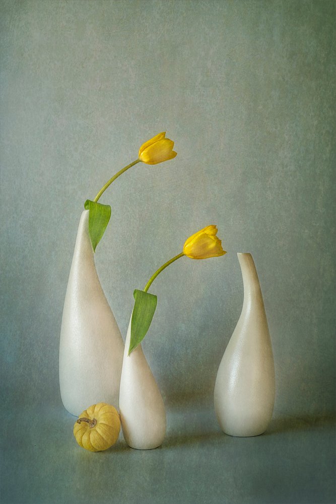 Elegante natura morta con tulipani gialli da Lydia Jacobs