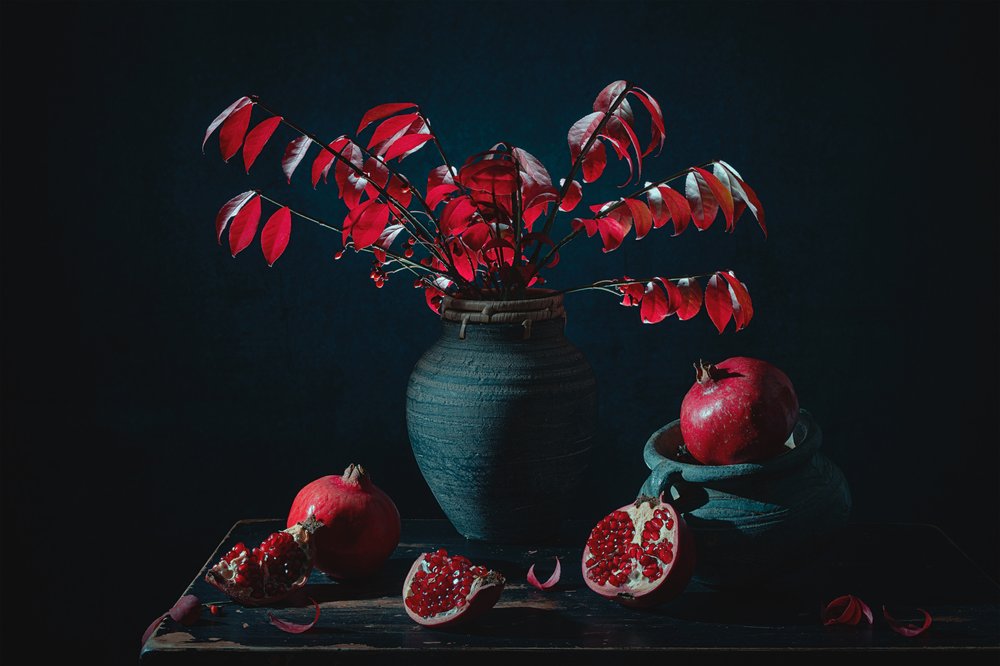 Natura morta con melograno rosso malinconico da Lydia Jacobs