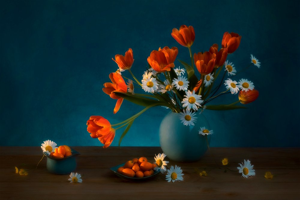 Tulipani malinconici e margherite: natura morta da Lydia Jacobs