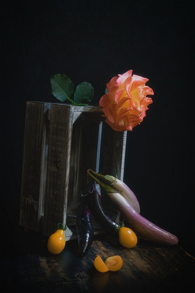 Natura morta con rose e frutta e verdura da Lydia Jacobs