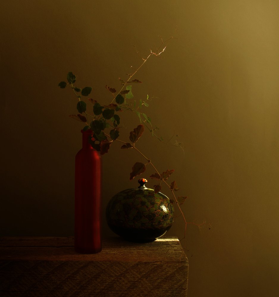 Natura morta con bottiglia rossa scura da Margaret Halaby