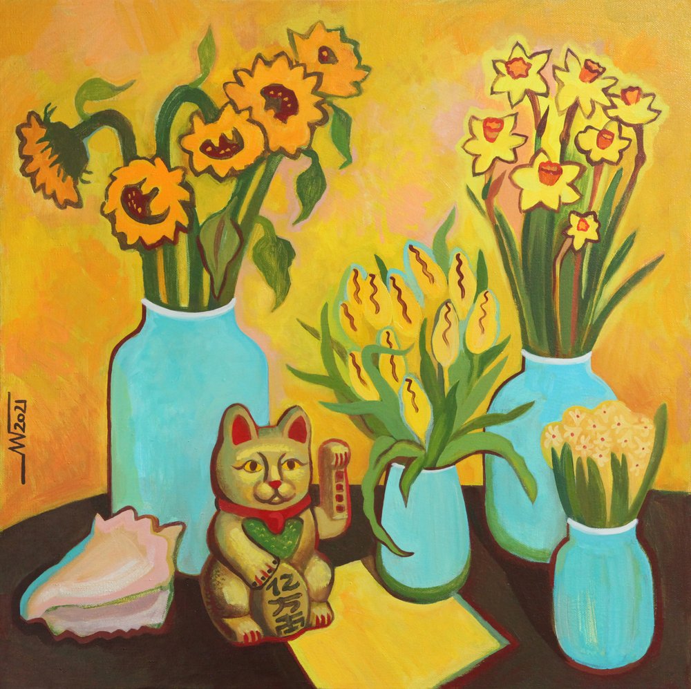 Fiori felici e gatto portafortuna da Marina Gorkaeva