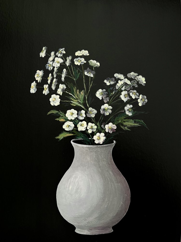 Dipinto di fiori bianchi – Arte botanica monocromatica in vaso bianco per la casa, l