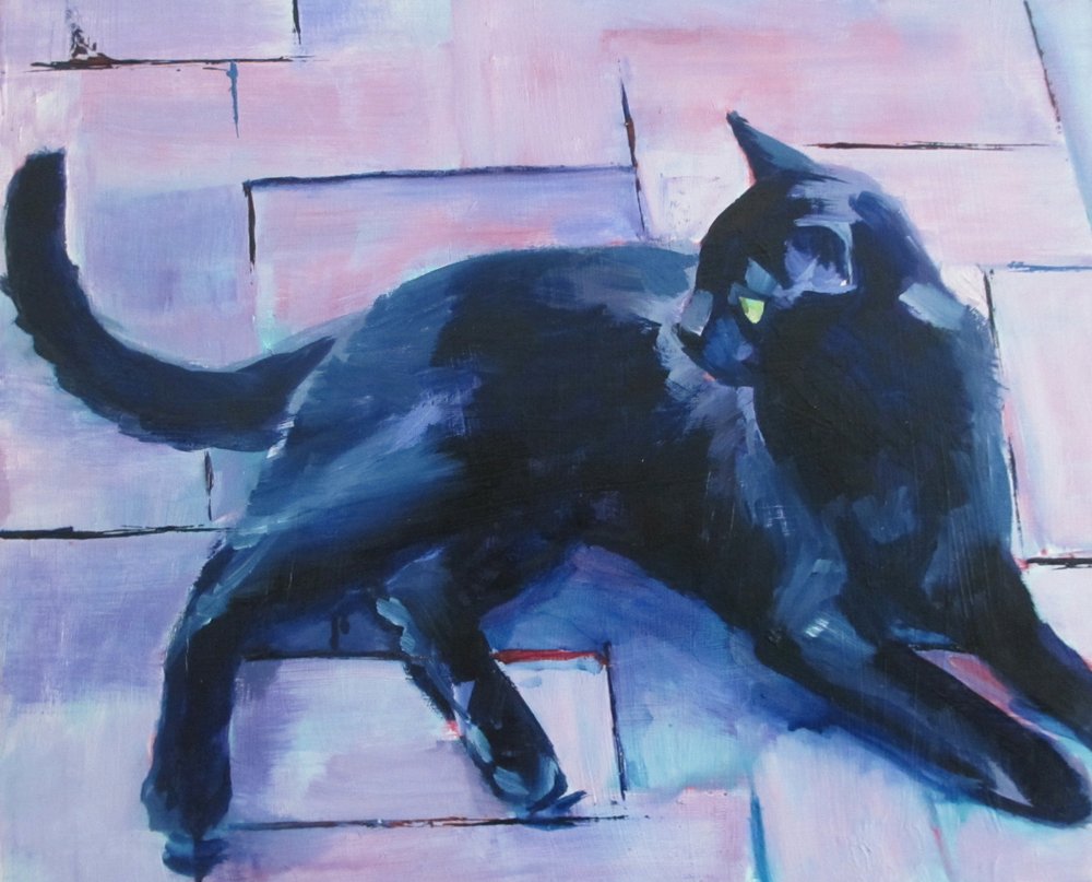 Gatto nero, pavimento viola da Maxine Shore
