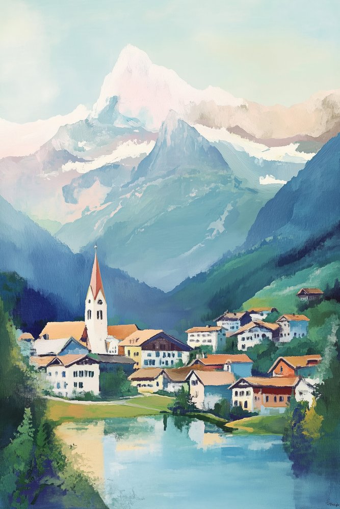 Villaggio alpino in riva al lago da Melloi Art Prints