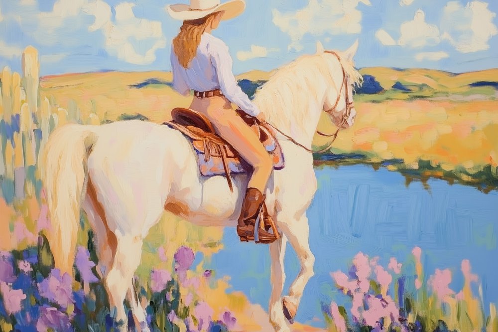 Cowgirl su un cavallo bianco da Melloi Art Prints