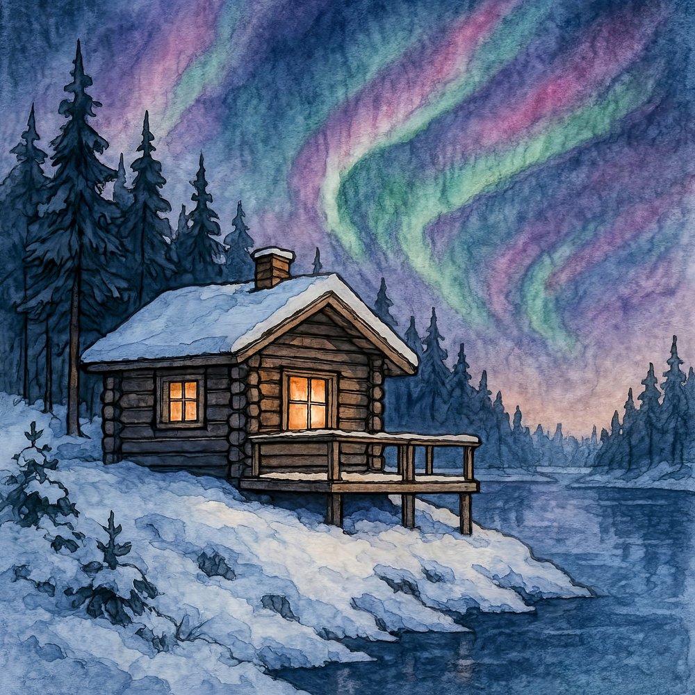 Baita innevata e aurora boreale da Natalie Bruns