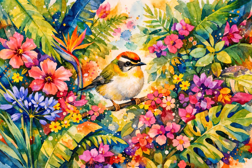 Un vivace giardino tropicale popolato da uccelli da Natalie Bruns