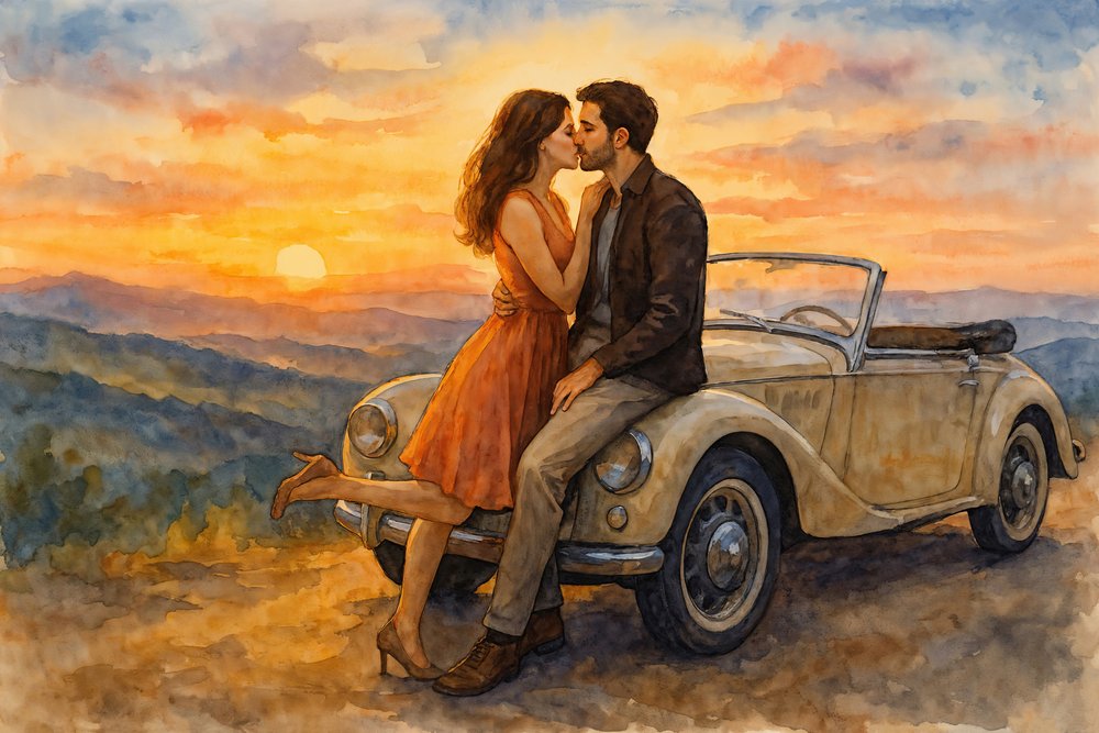 Bacio al tramonto in auto d
