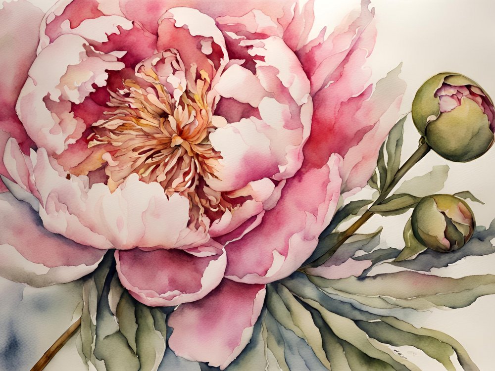 Acquerello con peonia rosa da Ohkimiko