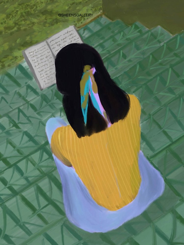 Ragazza che legge sulle scale da Osheensgallery