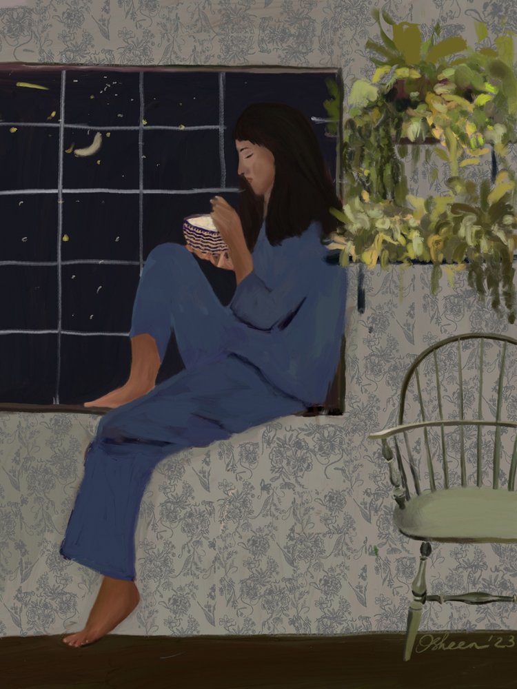 Pasto alla finestra al chiaro di luna da Osheensgallery