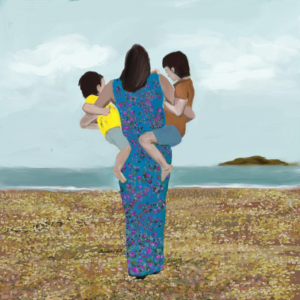Madre e figli sulla spiaggia da Osheensgallery