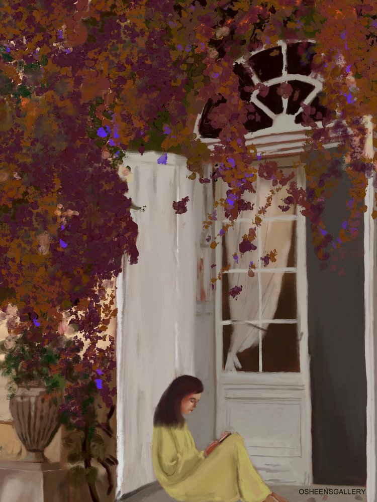 Lettrice silenziosa sotto la bougainvillea da Osheensgallery