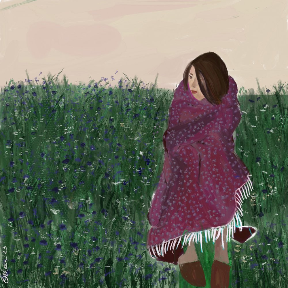 Donna in un campo di fiori selvatici da Osheensgallery
