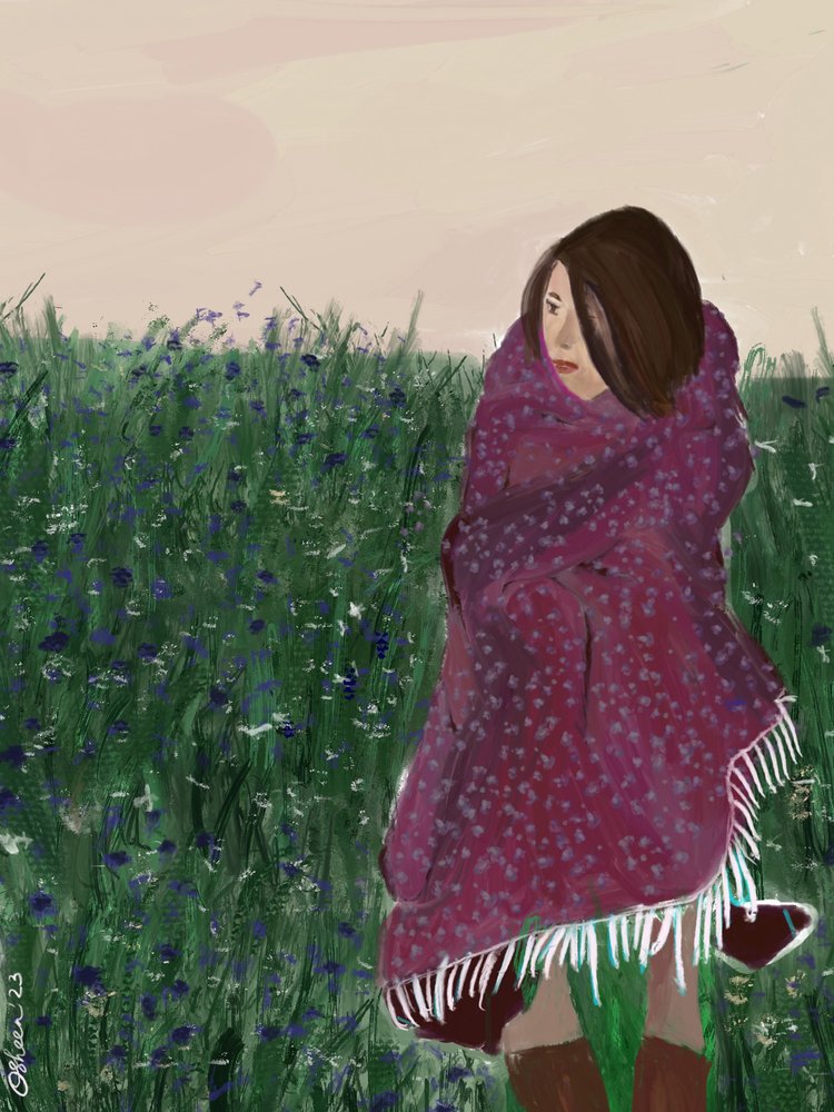 Donna avvolta in un campo di fiori selvatici da Osheensgallery