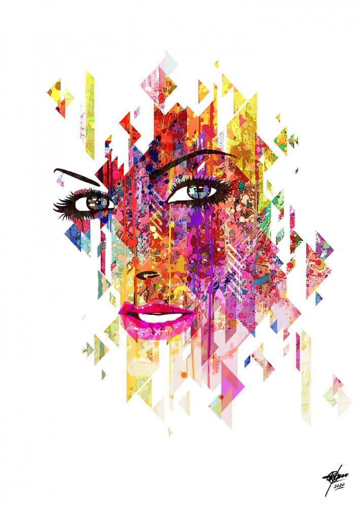 Donna dai colori vivaci e motivi geometrici da Osvaldo Russo