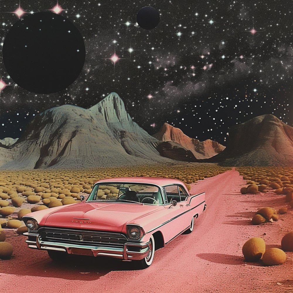 Auto rosa nel deserto cosmico da Samantha Hearn