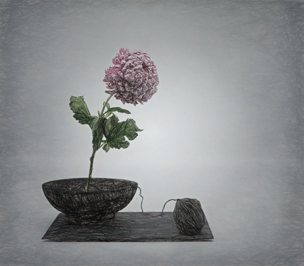 Natura morta con fiori rosa in rilievo da Saskia Dingemans
