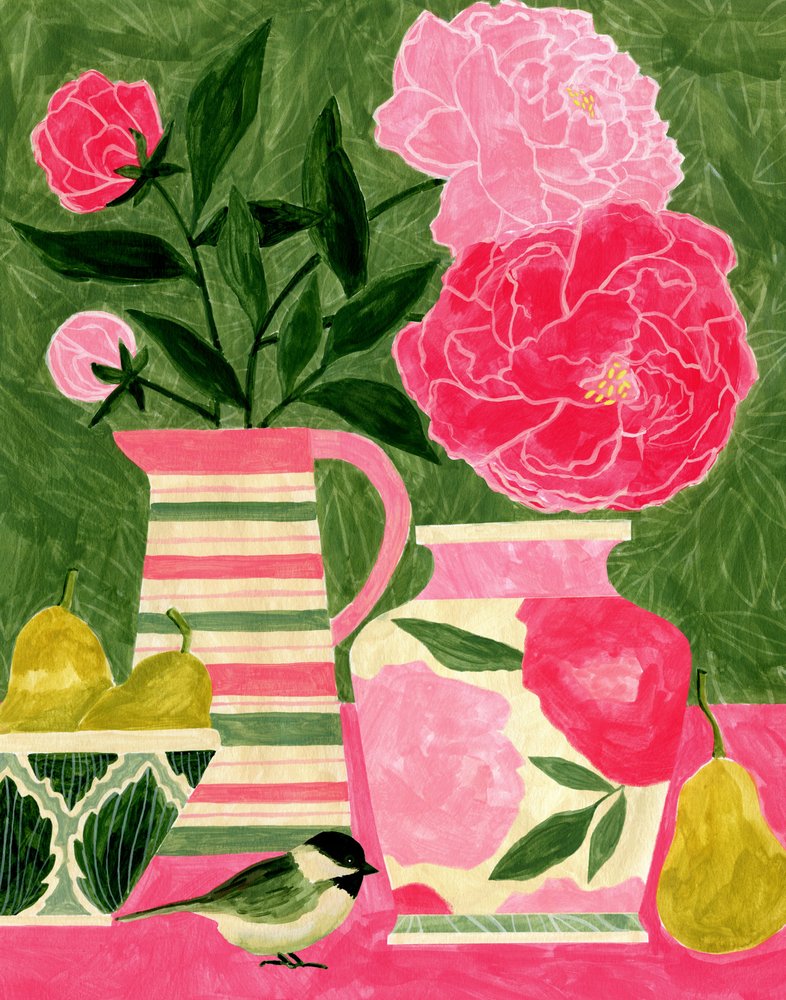 Peonie dai colori vivaci e un uccellino da Susan Black