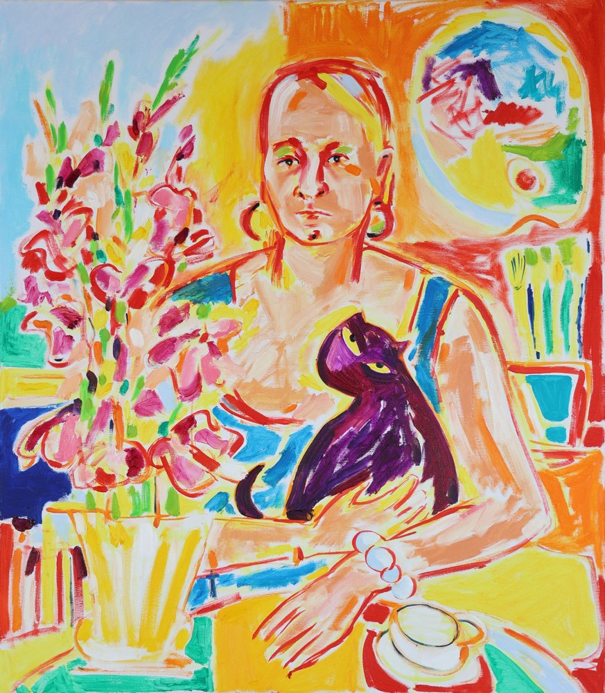 Autoritratto con gatto viola, ispirato a Max Beckmann, olio su tela, 2024 da Tamara Jare