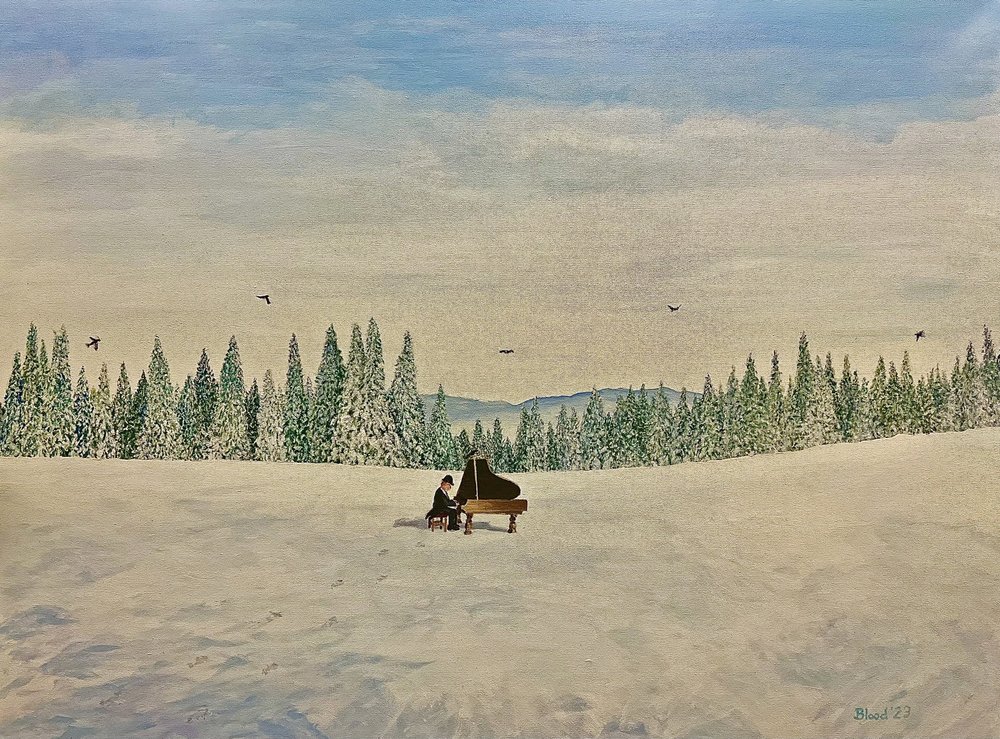 Pianoforte in un campo innevato da Tom Blood