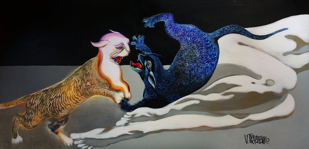 Abbraccio felino blu e oro da Victor Tkachenko