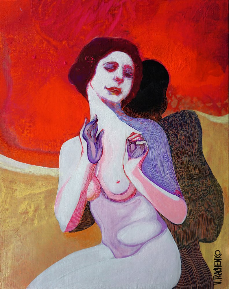 Donna pensierosa in rosso da Victor Tkachenko