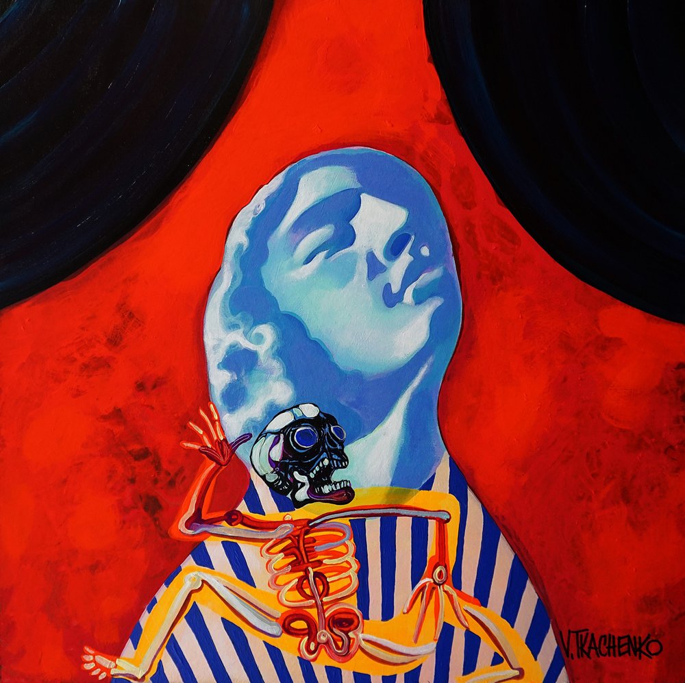 Scheletro con testa blu surreale da Victor Tkachenko
