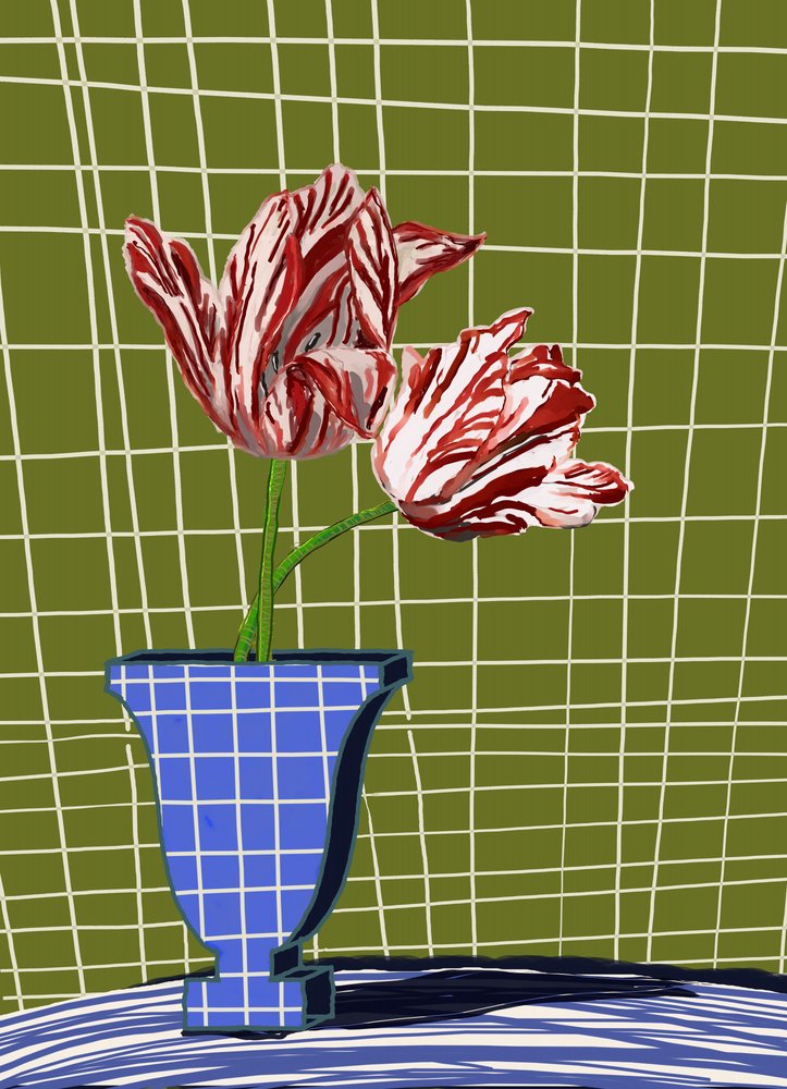 Tulipani striati in vaso blu da XHOZUCAN