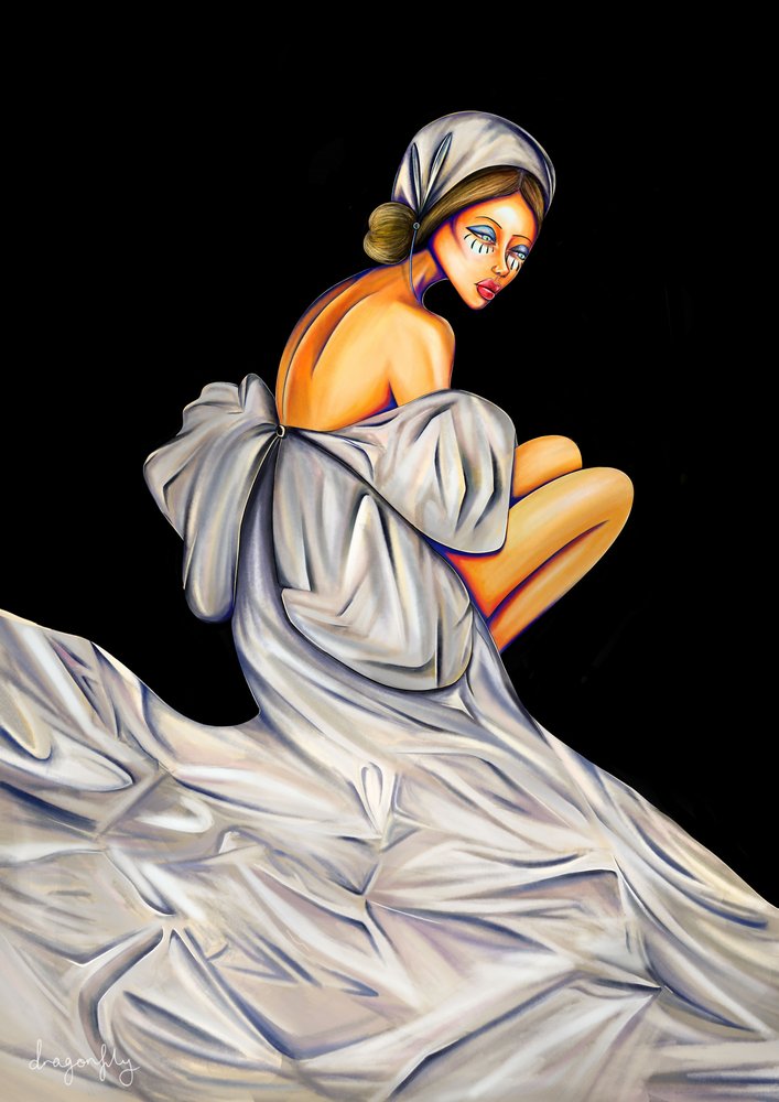 Donna pensierosa in bianco da dragonfly
