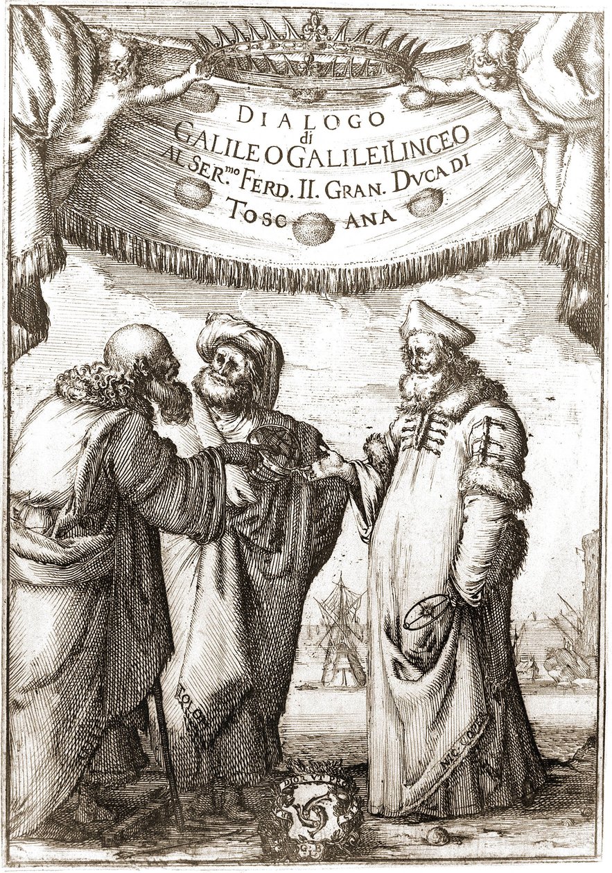 Aristotele, Tolomeo e Niccolò Copernico (astronomi) in conversazione - in Dialogo sopra i due massimi sistemi del mondo di Galileo Galilei da Unknown