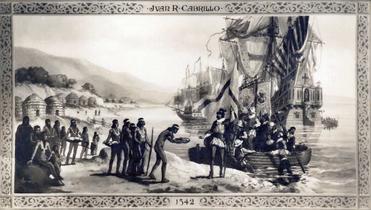 California: 1542 Un dipinto che raffigura Juan Rodriguez Cabrillo che incontra i nativi sulla costa della California durante la sua spedizione. da Unknown
