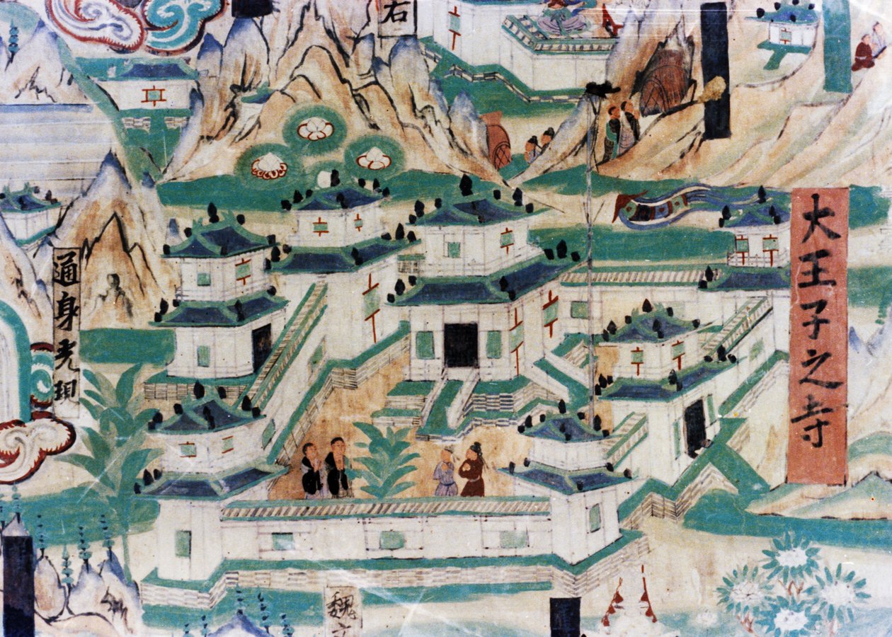Dettaglio della Mappa del Monte Wutai (Wutaishan), un affresco realizzato durante le Cinque Dinastie (907 - 960) nelle Grotte di Dunhuang, che raffigura un monastero da Unknown