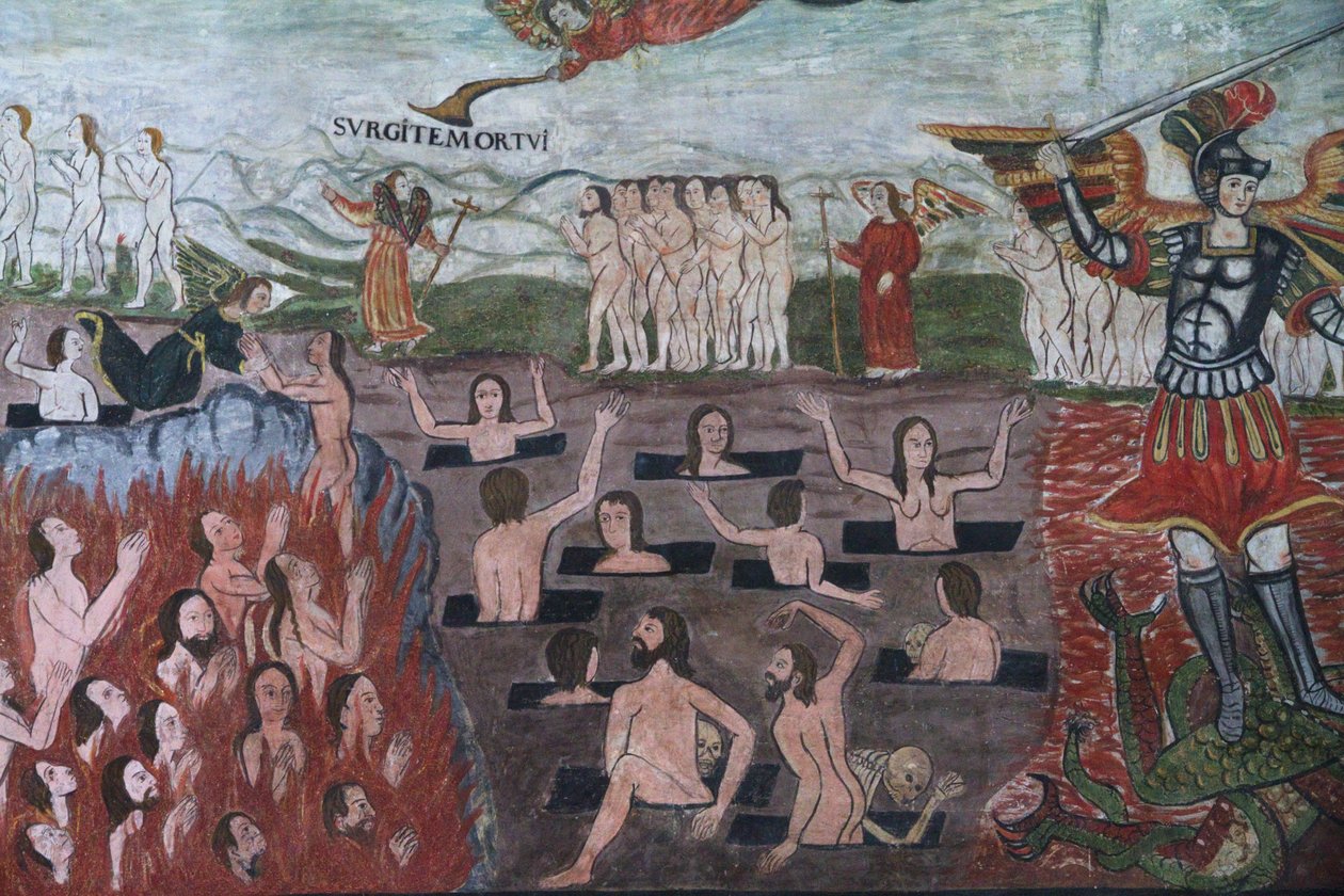 Giudizio Universale illustrato da affreschi barocchi-mestizi del XVII secolo nella navata della Chiesa di Santiago De Curahuara De Carangas, la Cappella Sistina delle Ande, Curahuara De Carangas, Oruro, Bolivia da Unknown