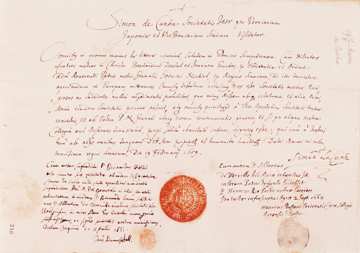Passaporto rilasciato a Johann Grueber e Bernhard Diestel per trovare la via terrestre dall