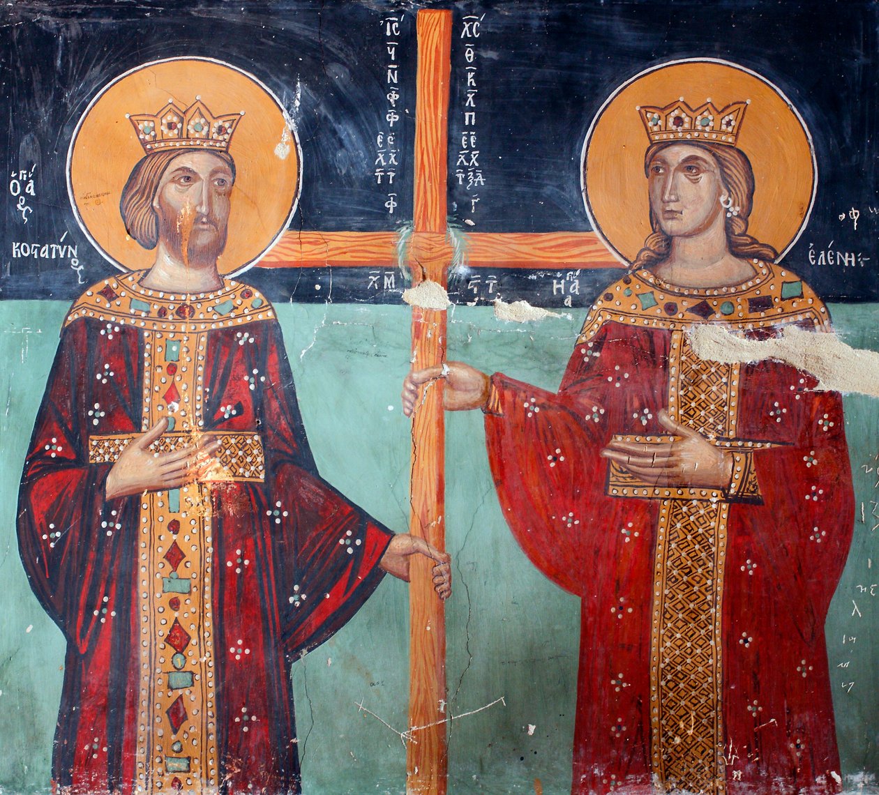 Affresco bizantino del XV secolo, imperatore Costantino e sua madre Elena, Cappella dell