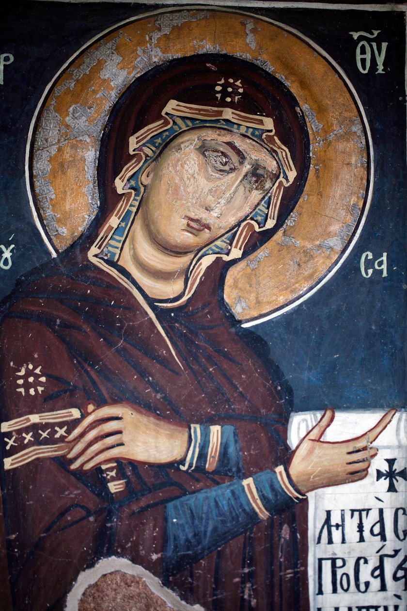 La Vergine Misericordiosa, affresco bizantino dalla chiesa di Asinou, scena del Giudizio Universale, XII secolo, restaurato nel XIV secolo, patrimonio mondiale dell