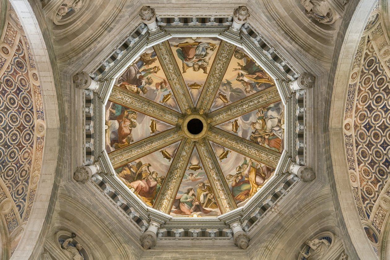 Vista della volta della navata centrale con affresco, Certosa di Pavia, Lombardia, Italia da Unknown
