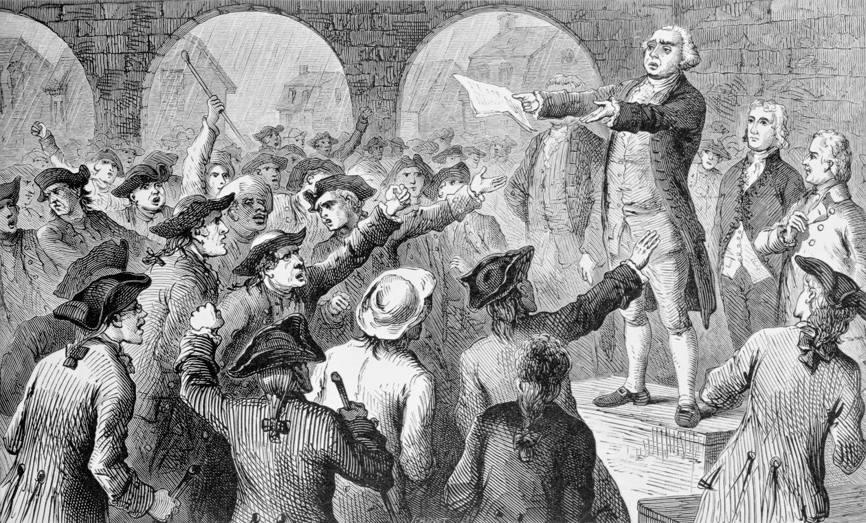 John Lamb che parla alla riunione dei Sons of Liberty al New York City Hall riguardo allo sbarco del tè britannico a New York, 17 dicembre 1773, inciso da John Karst da American School