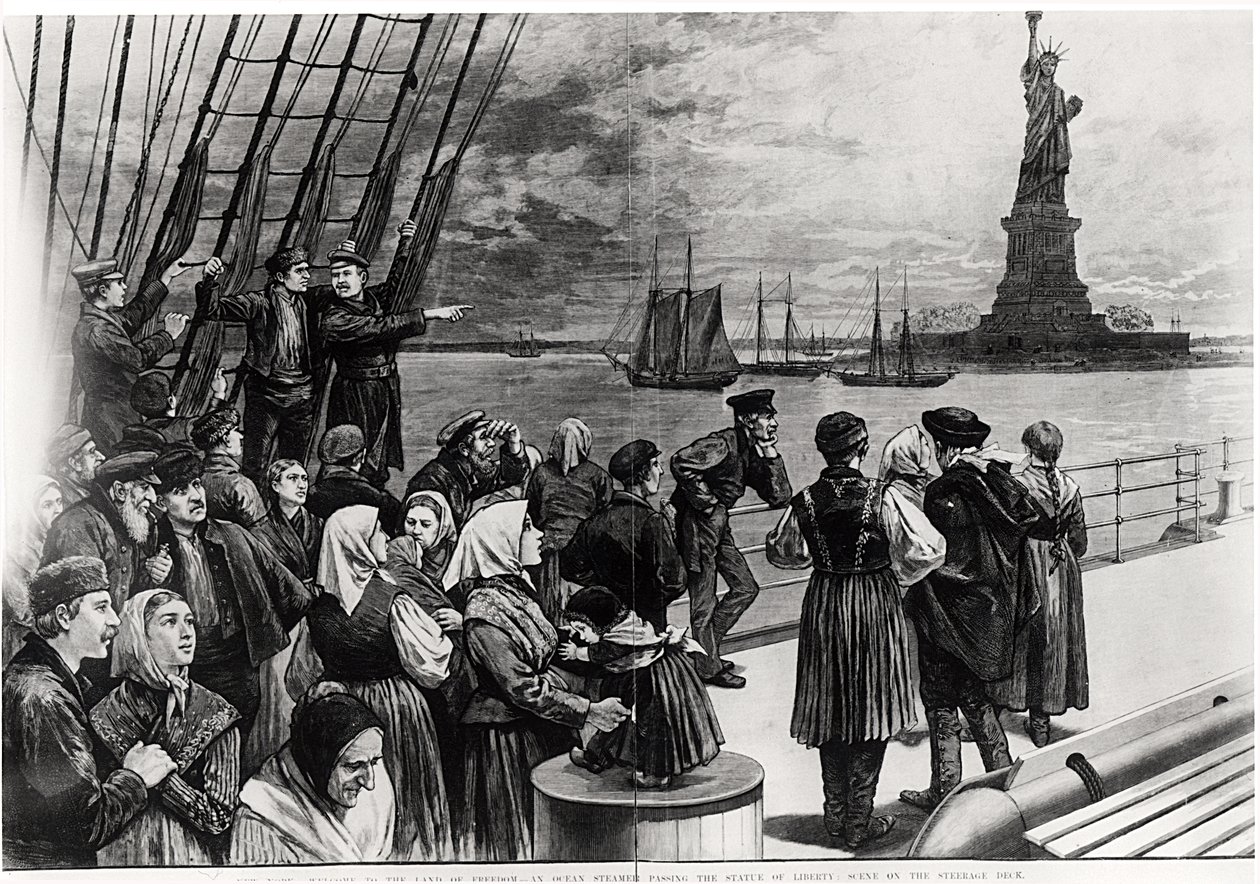New York - Benvenuti nella terra della libertà - Un piroscafo che passa davanti alla Statua della Libertà - scena sul ponte di terza classe, illustrazione da 