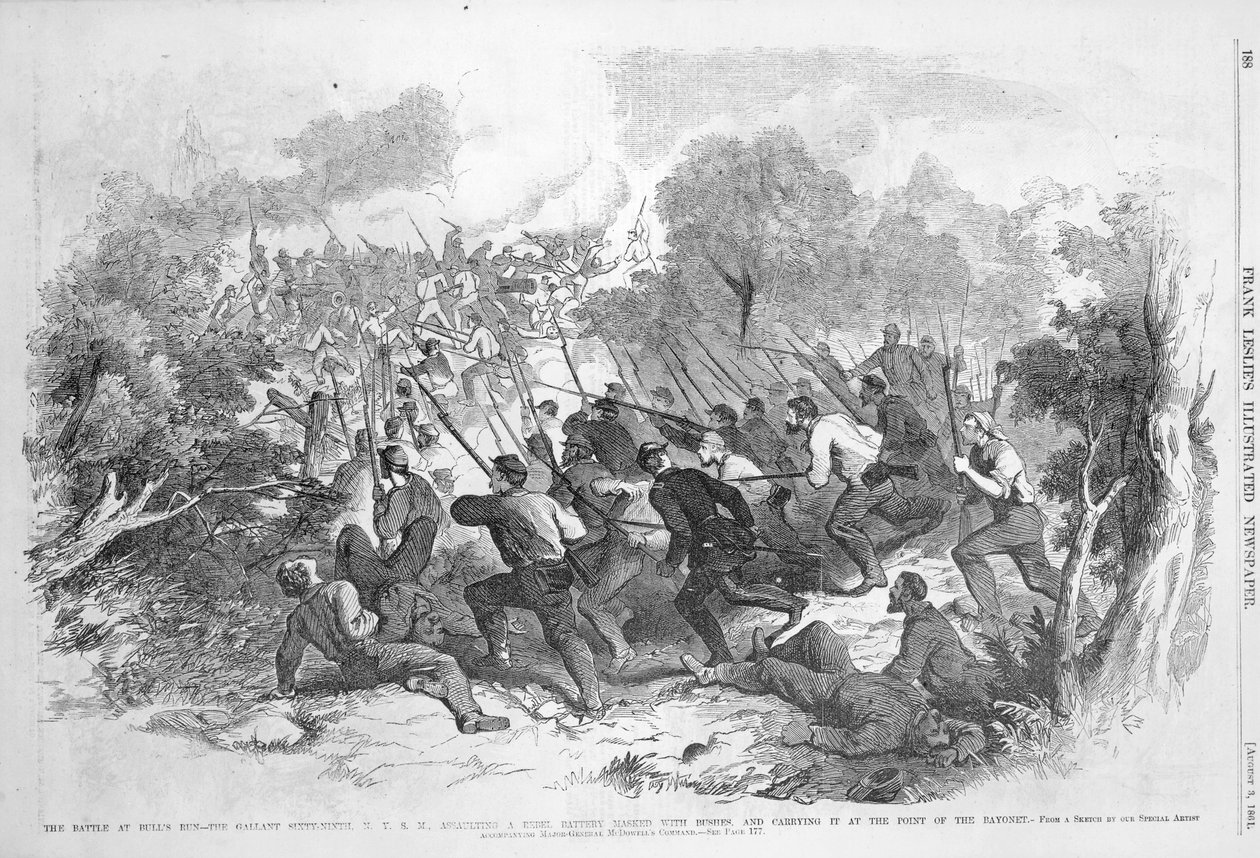 La battaglia di Bull Run: Il valoroso Sessantanovesimo N.Y.S.M. che assalta una batteria ribelle mascherata con cespugli e la conquista alla baionetta, da 