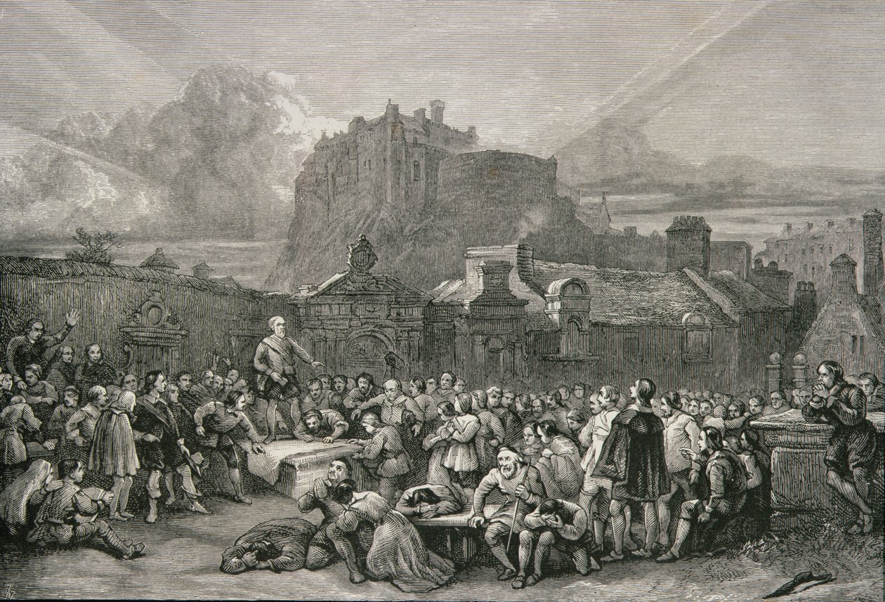 Una folla in fila per firmare il Patto Nazionale davanti al cimitero di Greyfriar, Edimburgo nel 1638, da 