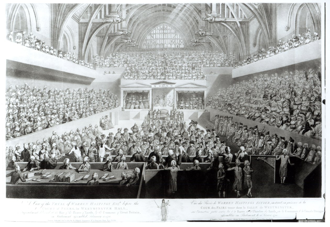 Veduta del Processo di Warren Hastings (1732-1818) davanti alla Corte dei Pari nella Westminster Hall. Impeachment consegnato al Bar della Camera dei Lord, dai Comuni della Gran Bretagna, in Parlamento da English School